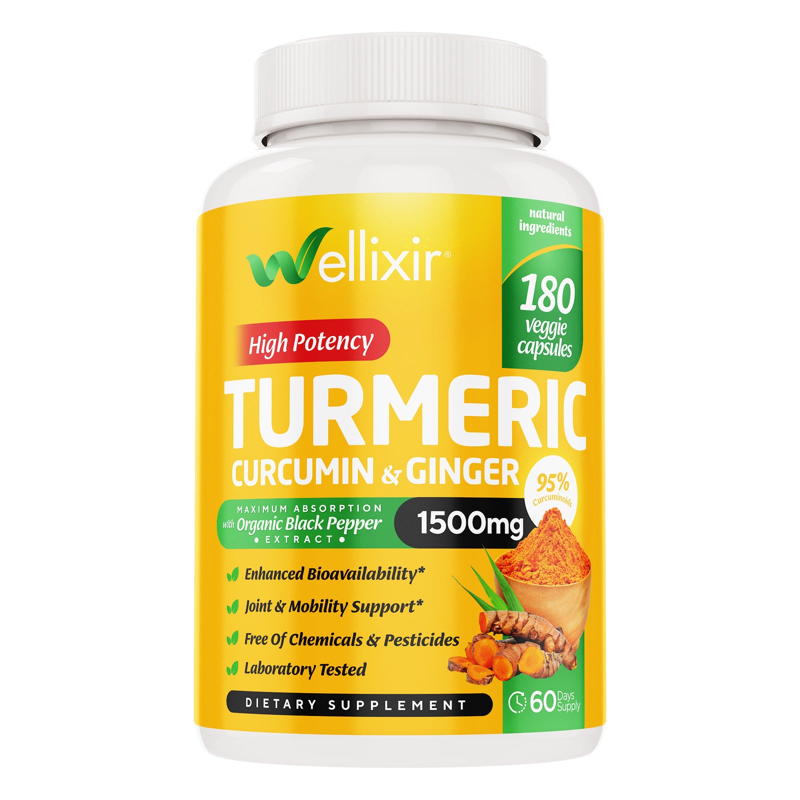 Wellixir Turmeric Curcumin Supplement – with Ginger Root Extract – Black Pepper Extract - 95% Curcuminoids Formula - 180 Capsules