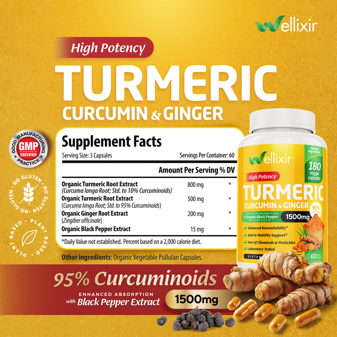 Wellixir Turmeric Curcumin Supplement – with Ginger Root Extract – Black Pepper Extract - 95% Curcuminoids Formula - 180 Capsules