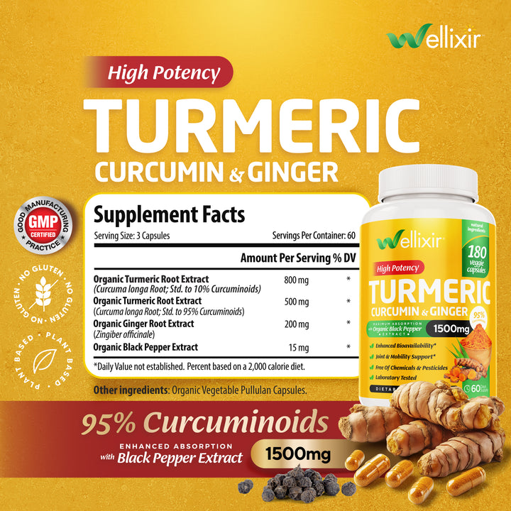 Wellixir Turmeric Curcumin Supplement – with Ginger Root Extract – Black Pepper Extract - 95% Curcuminoids Formula - 180 Capsules