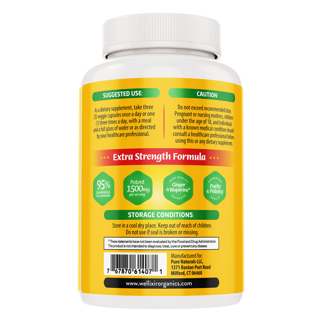 Wellixir Turmeric Curcumin Supplement – with Ginger Root Extract – Black Pepper Extract - 95% Curcuminoids Formula - 180 Capsules