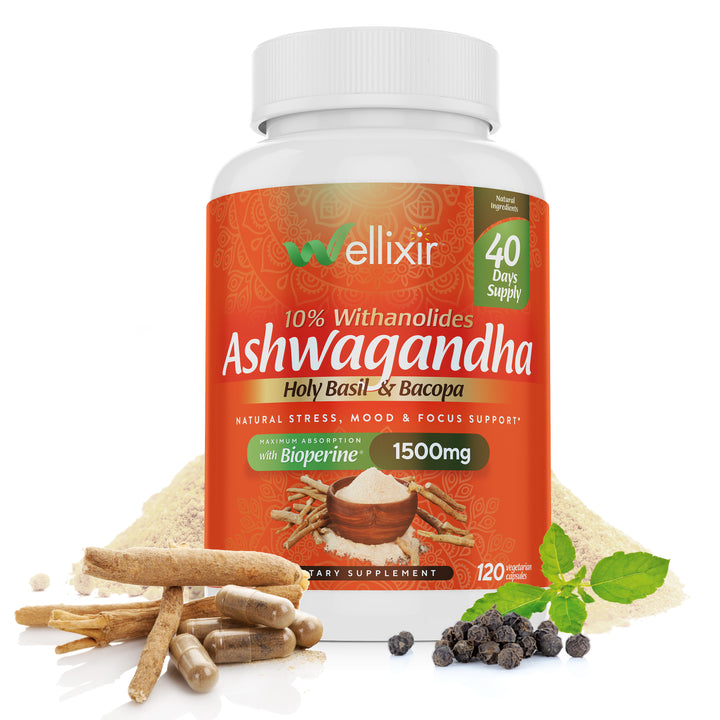 Wellixir Pure Ashwagandha Capsules - Root Extract Supplement, 10% Withanolides with Bacopa Extract & Holy Basil - Vegan & Gluten-Free Herbal Supplements for Stress, Mood Support - 1500mg, 120 Count