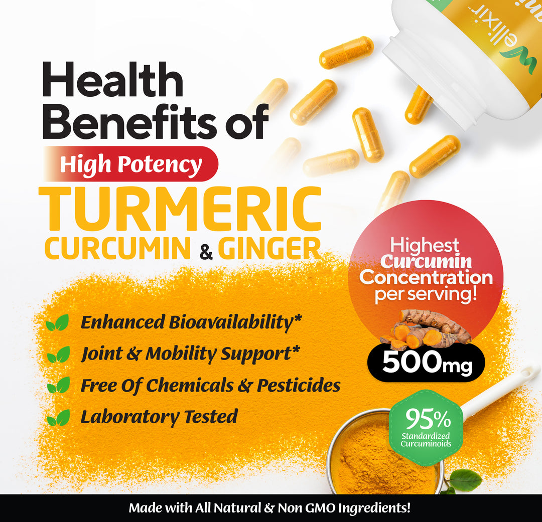 Wellixir Turmeric Curcumin Supplement – with Ginger Root Extract – Black Pepper Extract - 95% Curcuminoids Formula - 180 Capsules